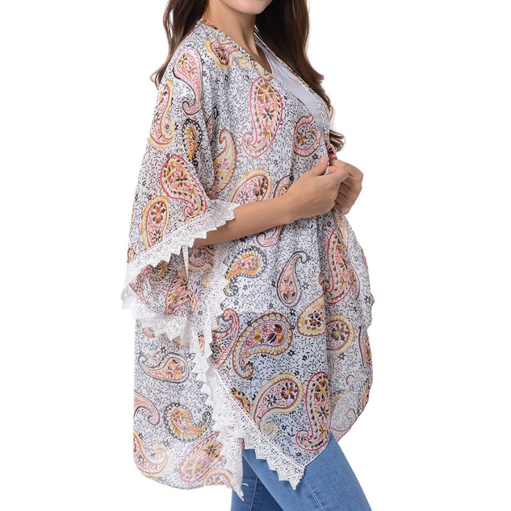 KIMONO Tunic Top, Multi Color Paisley, Lace Trim. O/S Med - XL